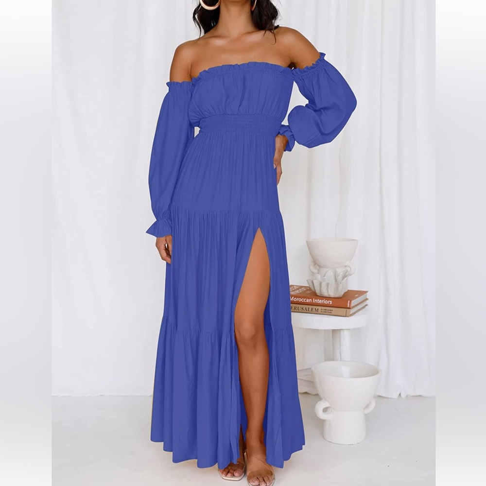 Off Shoulder Long Sleeve Smocked High Waist Side Split Flowy Long Maxi Dress